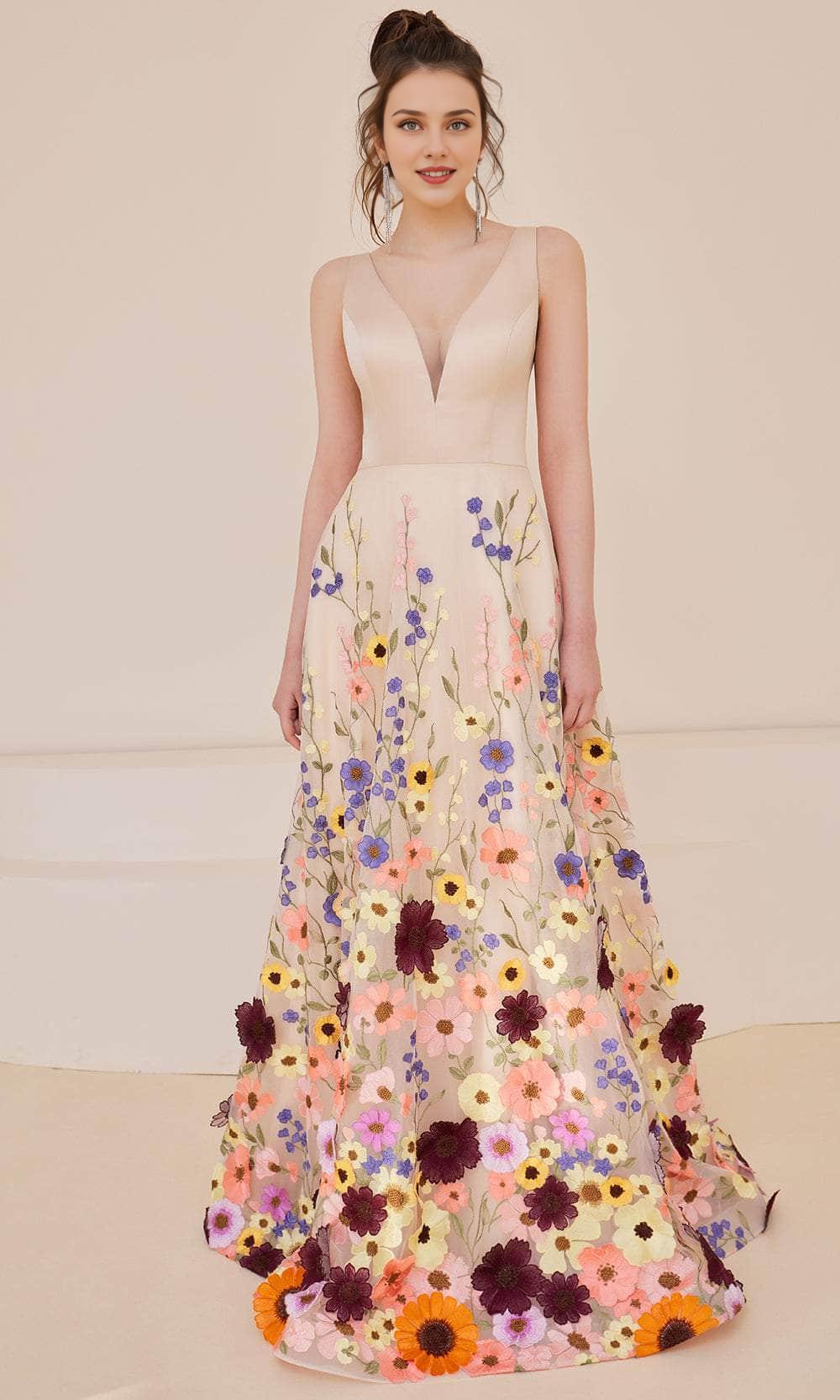 Formal Women's Dresses/ A-line Vibrant Floral Appliqued Hem Sleeveless Open Back Prom Dress Evening Dress
